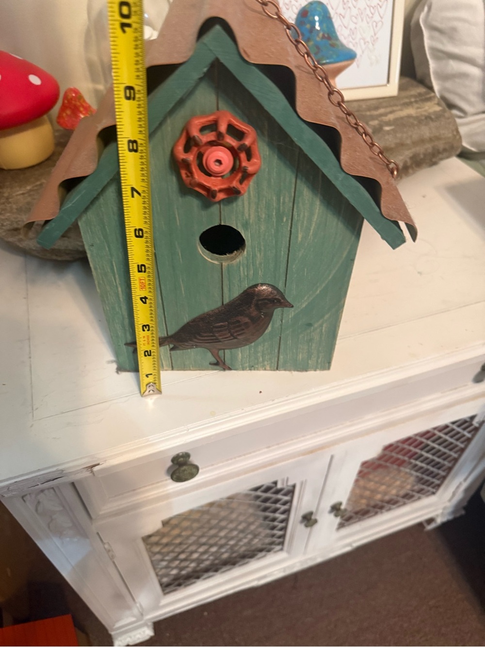 Green Wooden Birdhouse with Copper Roof Accent